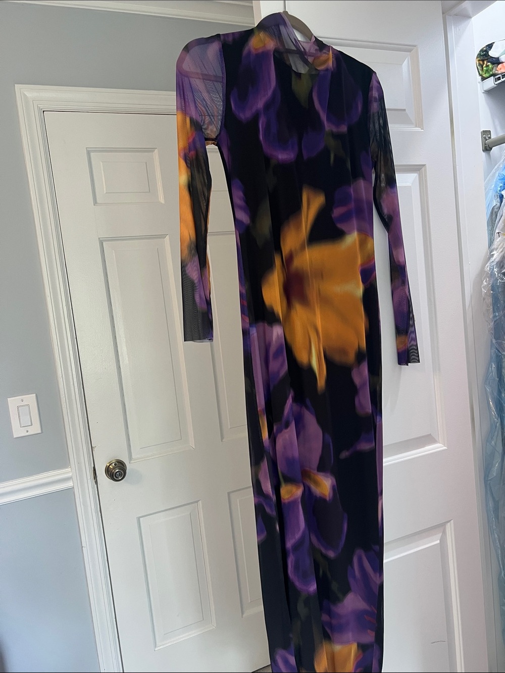 Mango Long Sleeve Floral Print Maxi Dress in Black, Purple & Gold